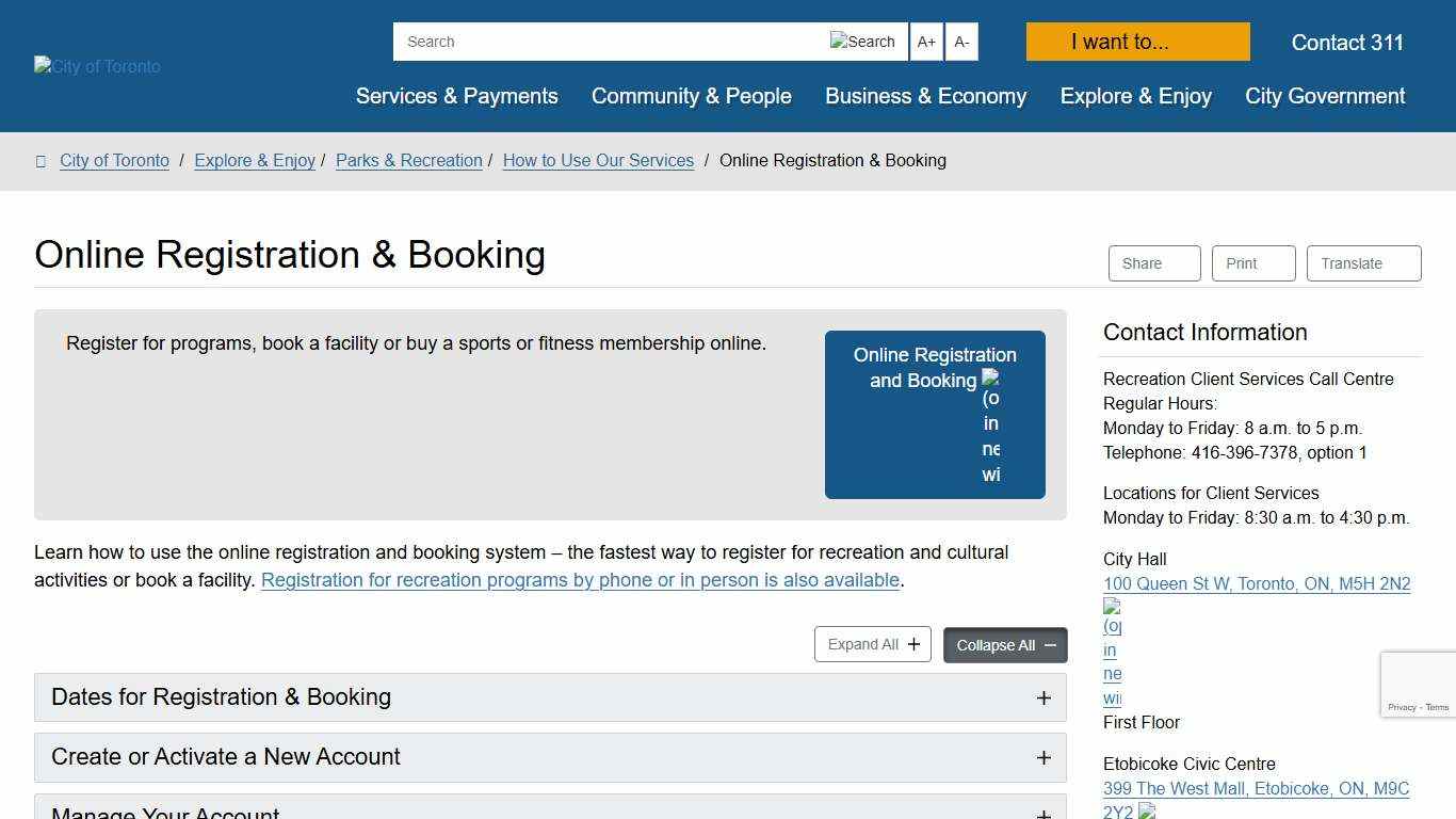 Online Registration & Booking – City of Toronto